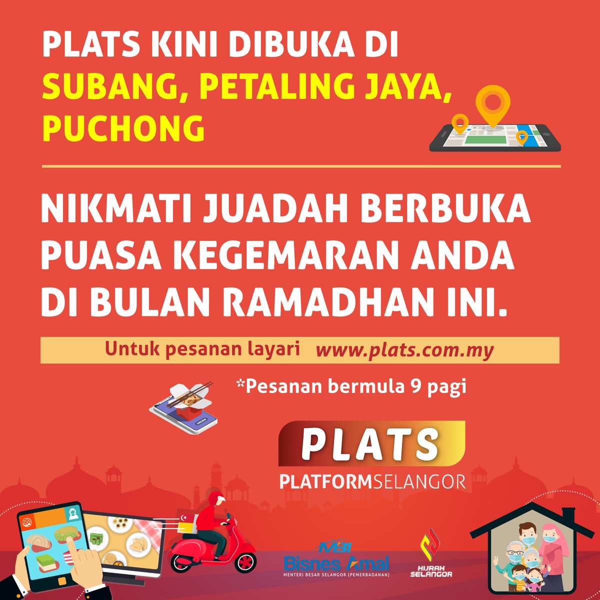 platselangor's tweet photo. Warga Subang, Petaling Jaya dan Puchong kini boleh membuat tempahan makanan berbuka melalui e-Kitchen PLATS.
Layari https://t.co/K9w8WXbd7M untuk menempah juadah berbuka anda.
#PLATS #Selangor #Ebazar @twt_selangor https://t.co/8gvw5USK30