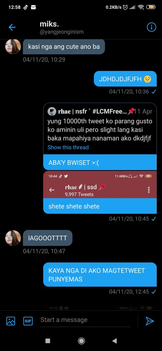 — takot na takot pa ako nito na umabot ng 10,000 tweets jusko hindi ko pa nga yon dinedelete eh for memories ganon HAHAHAHSHAHHAHA ebarg yung seungmin au ha HAHSHSHHSGSG salamat sa idea bebi char