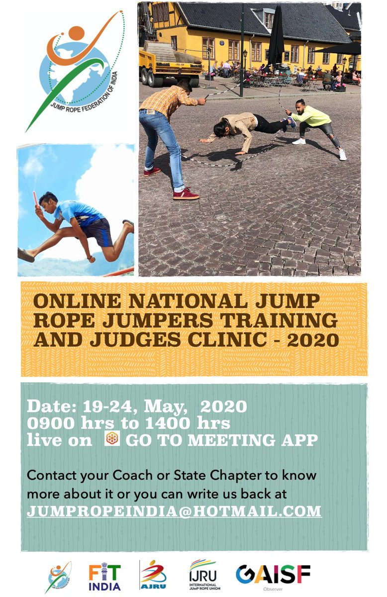 Jump_Rope_india's tweet photo. We are calling all #jumpropeindia family to mount a campaign to promote the sports of #jumprope at every nook &amp; corner of India during #lockdown  #COVID19 #onlinetraining #IndianJumpers #jumpropefamily #jumpropeisasport #jumpers #Judgestraining #rope #fitness #FitIndiaMovement https://t.co/RJENaljfAp