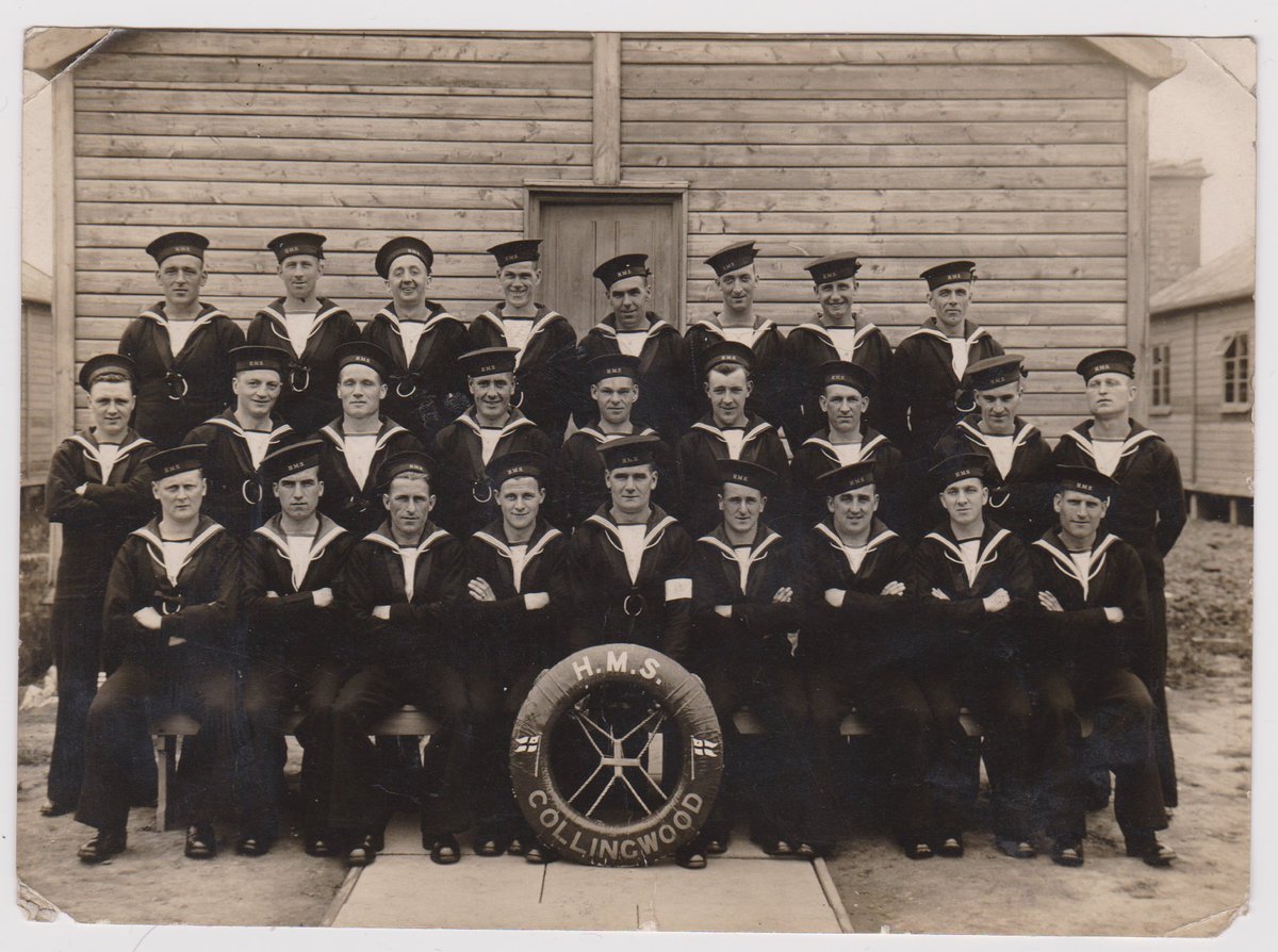 Here's my Granda at HMS Collingwood, the Navy's training ship in Hampshire, prior to going to war. He's fourth from the right in the front row, next to the lifebuoy. Unusually for a miner, he left the pit to join the Navy.