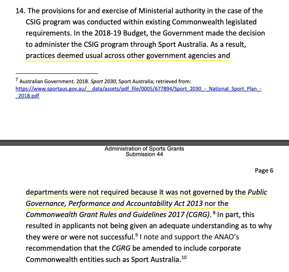 ‘The former Minister made the remarkable claim that [Sport Australia] was not governed by the Public Governance, Performance and Accountability (PPGA) Act 2013’ It does apply. Excerpt MIN sub 44  #sportsrorts  #auspol https://theaimn.com/the-rorts-the-guidelines-and-the-minister/amp/