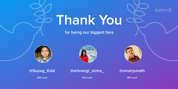 PuneDevsCom's tweet photo. Our biggest fans this week: Suyog_Kale, shivangi_sinha_, smanjunath. Thank you! via https://t.co/cLnqW2xuw1 https://t.co/Zk6gMTW9GN