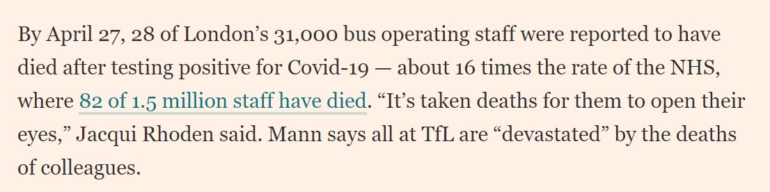 It's alarming that the rate of coronavirus death among London bus drivers is 16 times the death rate of NHS workers. 3/10 https://www.ft.com/content/bae97166-891d-11ea-a01c-a28a3e3fbd33