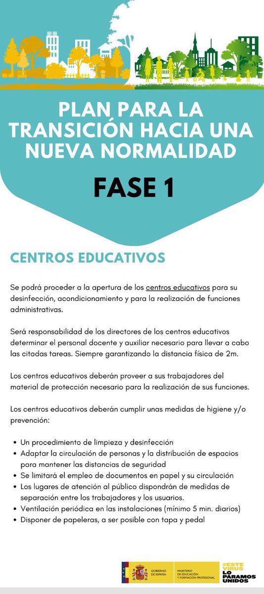 educaciongob's tweet photo. 🟢 A partir de hoy, los centros educativos de los territorios que entran en la fase 1 de la desescalada podrán abrir para realizar trabajos de limpieza y administrativos. 

Consulta aquí las medidas relativas a educación 👇🏽
https://t.co/oTrlBtCsGr https://t.co/evVE4ys6sB