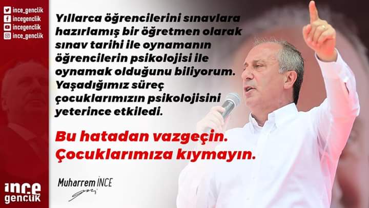 AYLA KARAKUŞ (@karakus_aylak) on Twitter photo Yaşadığımız süreç çocuklarımızın psikolojisini yeterince etkiledi.
Çocuklarımıza kıymayın. #SınavTemmuzSonu #pazartesi
<a href="/vekilince/">Muharrem İNCE</a> Yaşadığımız süreç çocuklarımızın psikolojisini yeterince etkiledi.
Çocuklarımıza kıymayın. #SınavTemmuzSonu #pazartesi
<a href="/vekilince/">Muharrem İNCE</a>