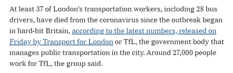 Bus drivers also account for the vast majority of coronavirus deaths among all London transport workers: 28 of 37. 4/10 https://www.nytimes.com/2020/05/02/world/europe/coronavirus-london-buses.html