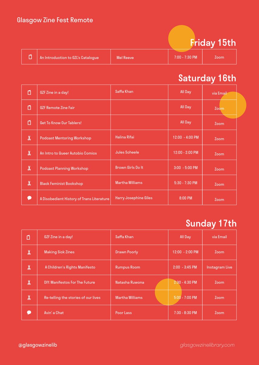 GlasgowZineLib's tweet photo. GZF Remote starts today! Here's the full schedule of what you can look forward to:
All ticketing events are on a sliding scale of £0-£12, and you can head to our website to enjoy the online zine fair all weekend!
#GZFRemote https://t.co/dKdLzHIwwb