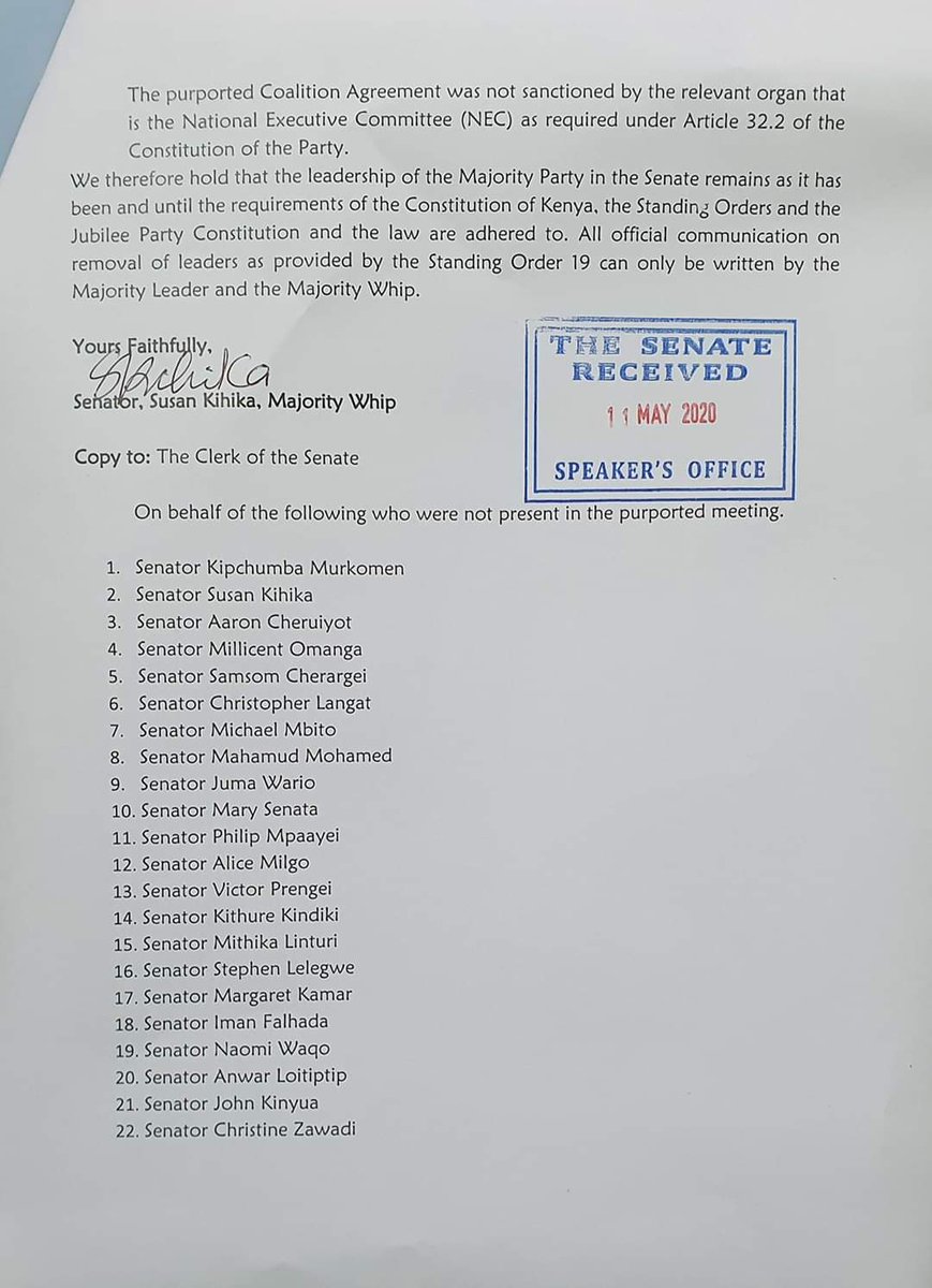 OleItumbi's tweet photo. Jubilee Senators say they did NOT attend the @StateHouseKenya meeting....#HustlerNation https://t.co/JarmL8LGdU