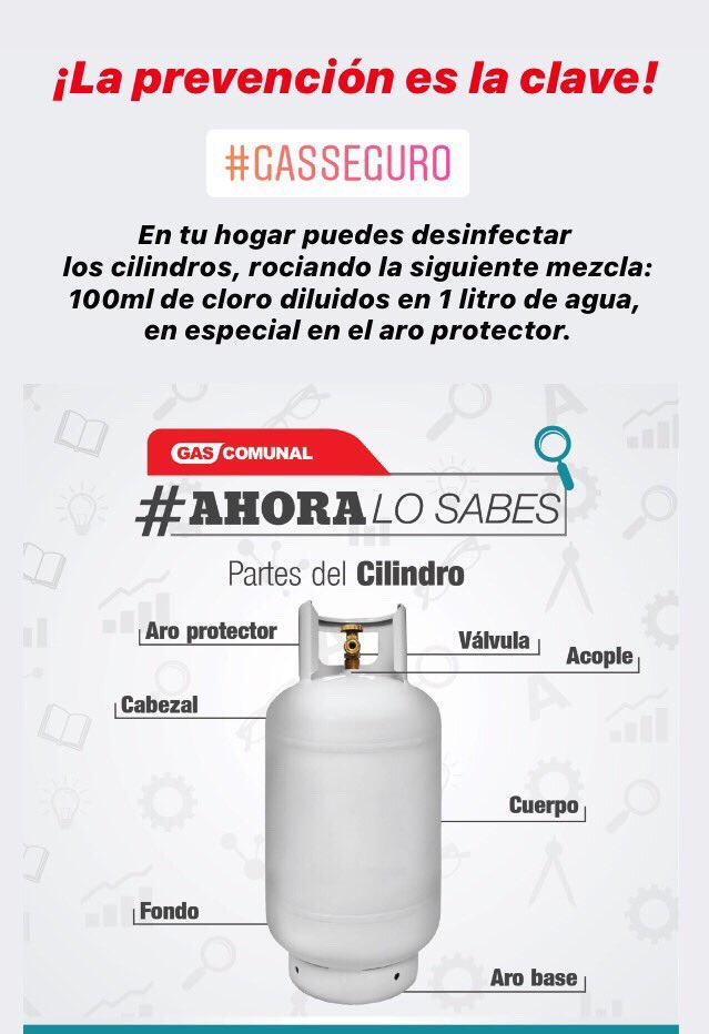 gas_comunal's tweet photo. 🇻🇪👨🏻🚒 #11May #FelizLunes || Estimados usuarios también en sus hogares pueden desinfectar los cilindros, rociando la siguiente mezcla: 100ml de cloro diluidos en 1 litro de agua, en especial en el aro protector.
¡La prevención es la clave!
#GasSeguro https://t.co/aDueebKA2r