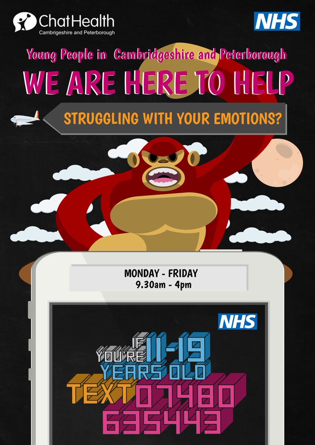 CPLSCB's tweet photo. Do you know someone from #Cambs or #Pboro aged 11-19 who is struggling with their emotional health? Please SHARE that ChatHealth is here to help. All they need to do is TEXT 07480 635 443 to get vital advice & support they need now. #ChatHealthCambsPboro #ChatHealthIsHereToHelp https://t.co/SQrxjkT4vg