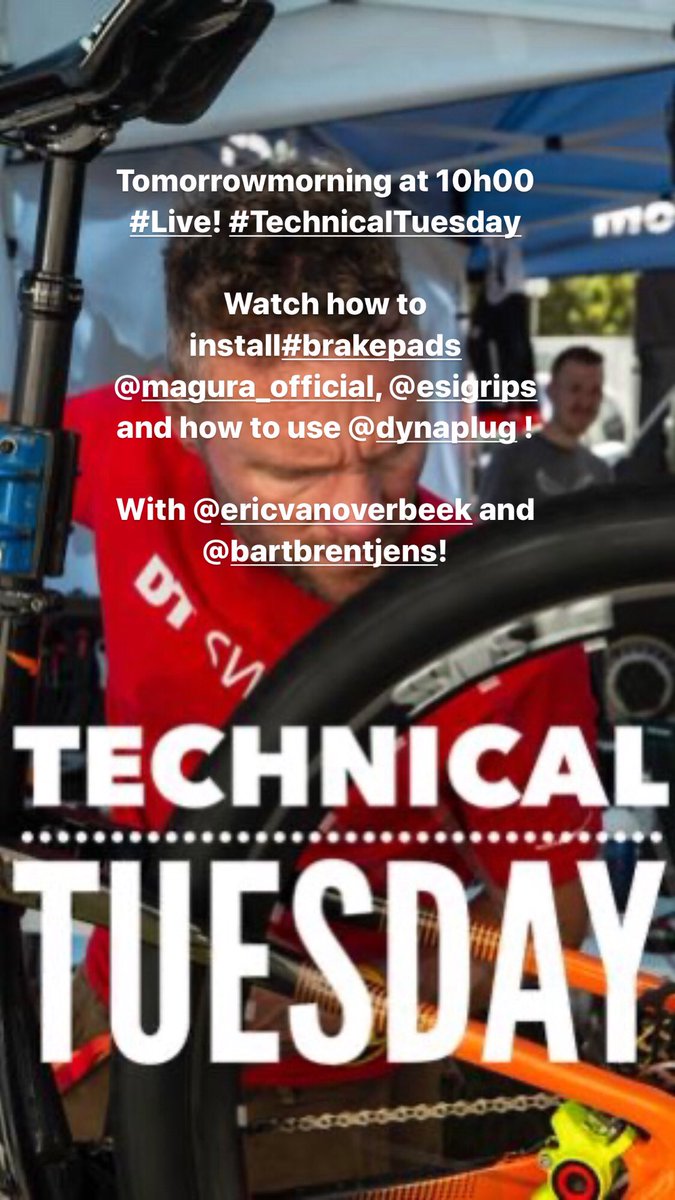 BrentjensMTB's tweet photo. Join @mechaniekertje and @BartmnBrentjens tomorrow at 10h00 #bbmtb @instagram! They Tell you all about @TheESIGrips, @magura_official install brake pads and how to use @dynaplug! https://t.co/CIeL5Hvs87