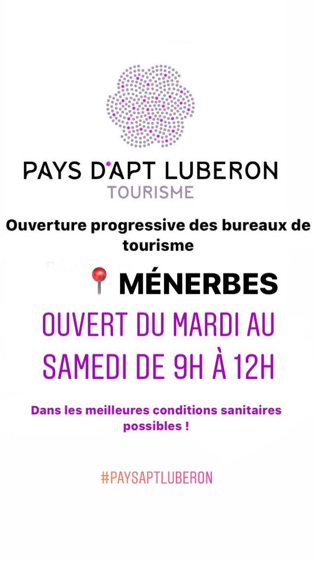 otapt's tweet photo. [#Déconfinement] progressif dans les bureaux de tourisme du #paysaptluberon : #apt et #menerbes en respectent les gestes barrières #deconfinementjour1 #11mai #COVID2019 #apresconfinement #aprescovid #CetÉtéJeVisiteLaFrance #100km ET les cerises sont là ⬇️ https://t.co/ljFPn6DSm5