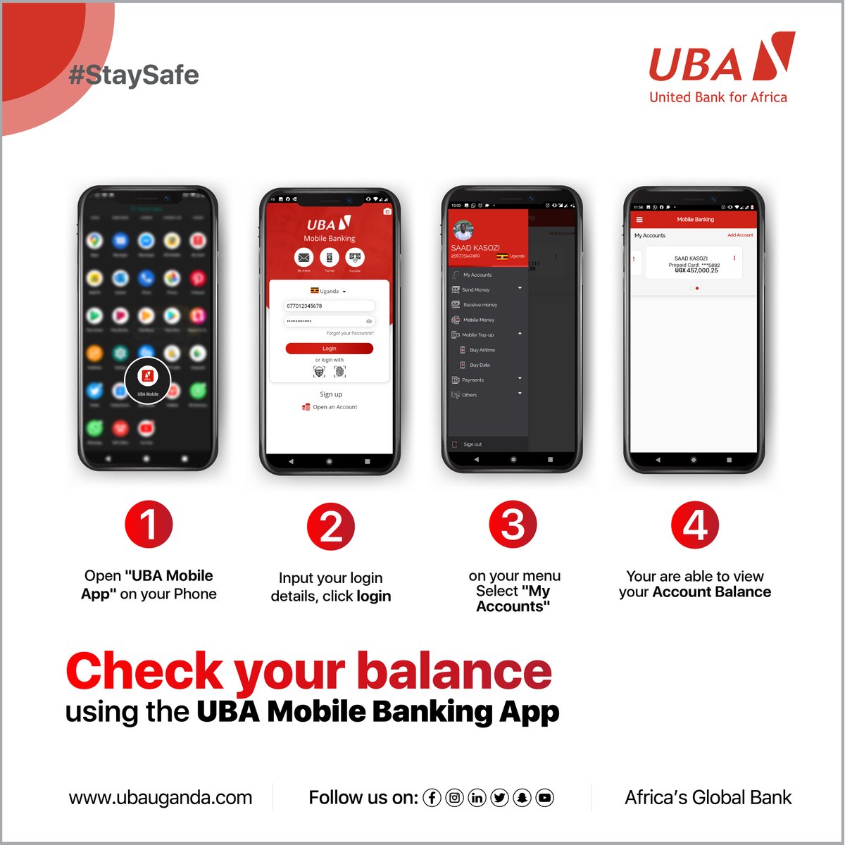 UBAUganda's tweet image. Monitor the activity on your account using the UBA mobile banking App. #stayingdigitallyclose. #AccountBalance #MonitorAccount #UBAMobileBankingApp #WeAreInThisTogether #StayHome