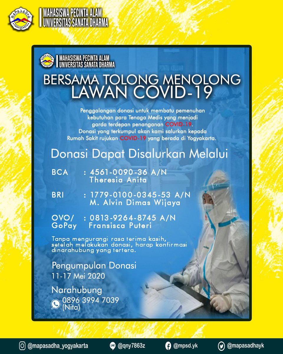 Halo sobat lestari!!!🤗

Bantuan akan disalurkan ke RS rujukan penanganan COVID-19 DIY.
Sebesar apa pun bantuan dari sobat pastinya sangat berharga untuk memenuhi kebutuhan tenaga medis☺. Ayo kita bersama lawan COVID-19!!!👊💪
#stayhealthy #dirumahaja #WFH #BersamaLawanCorona