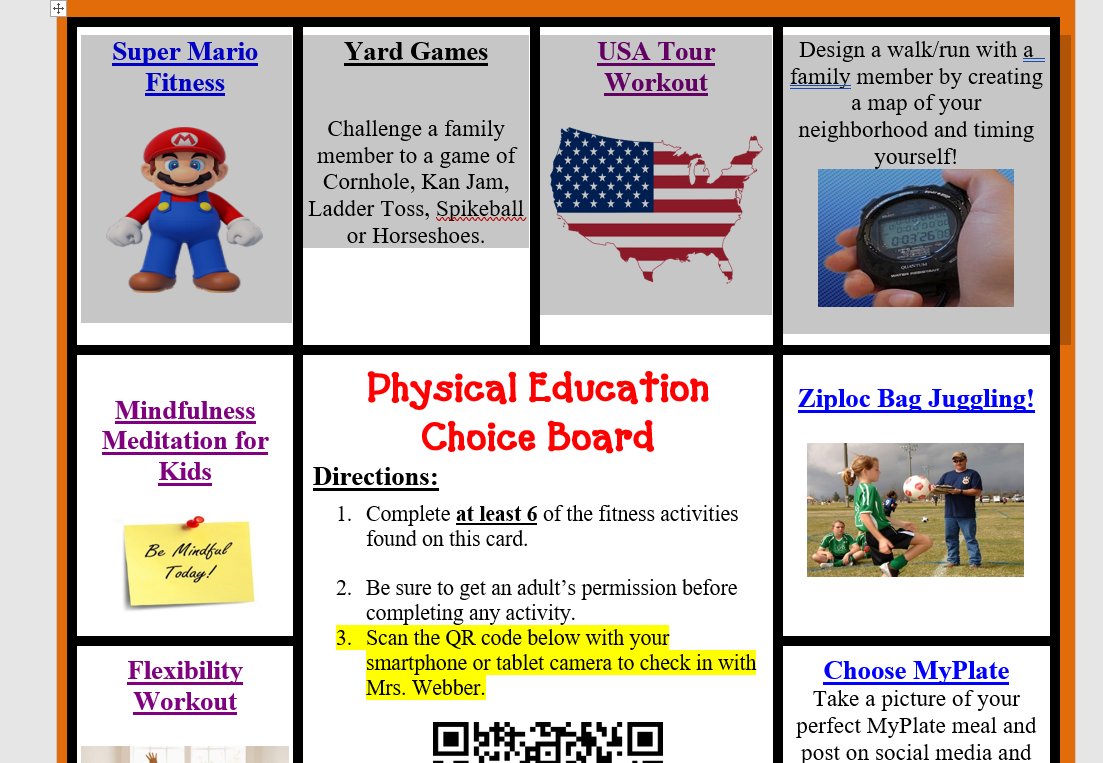New PE Choice Board for this week!  I especially like the Yard Games option - Can Jam and Cornhole, but there are a lot of great options to keep you active.  #FalconPE #FalconPEChallenge #CommUNITY