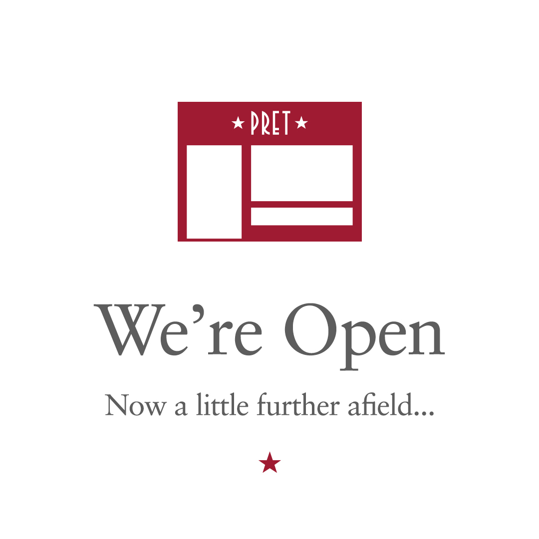 Pret's tweet photo. 1/2 We’ve now reopened over 100 shops across the UK for takeaway and delivery. They look and feel a little different thanks to our new social distancing measures. For example, we’ve fitted Perspex screens at our tills and we've added social distancing floor markers. https://t.co/GbJalMgDtw