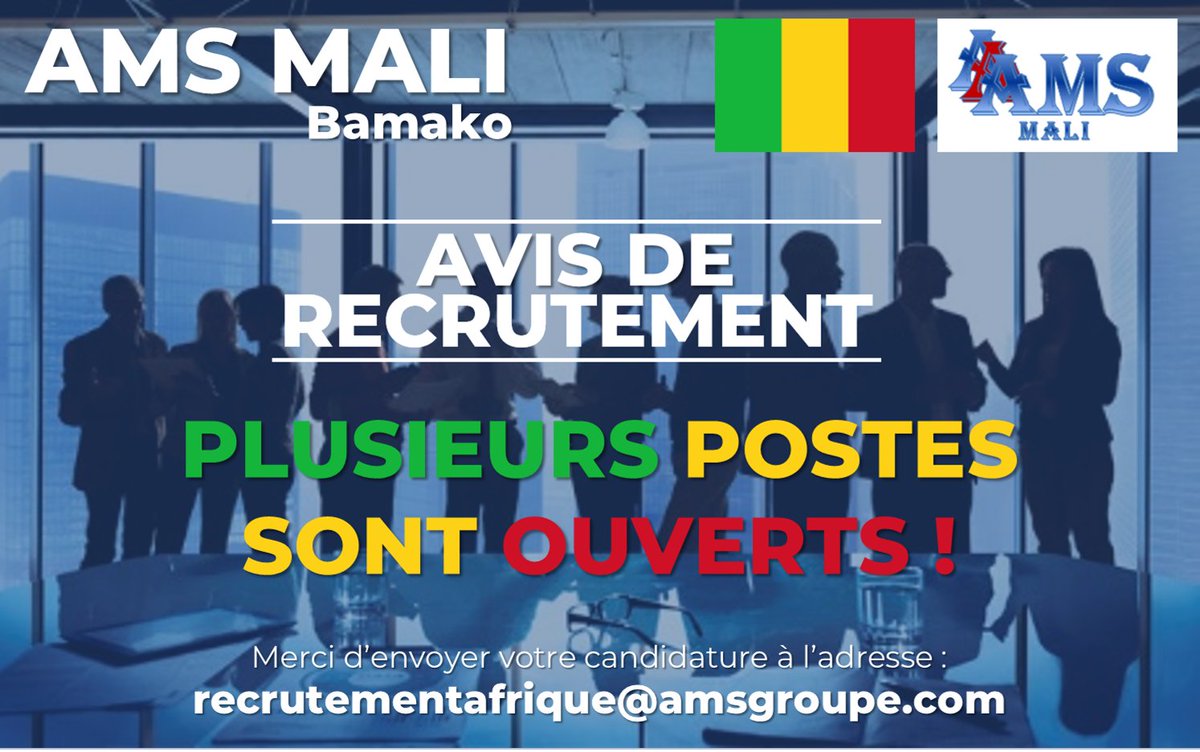AMS_Groupe's tweet photo. 📣 [AVIS DE #RECRUTEMENT] Partagez SVP !
Plusieurs postes sont ouverts au #Mali !
Dans le cadre de son implantation au #Mali, le Groupe AMS présent dans 17 pays intervenant dans l' #Assistance #technique, #logistique &amp; #administrative et le #Outsourcing https://t.co/ovzzZpLI9I https://t.co/KsSOXVXgVJ