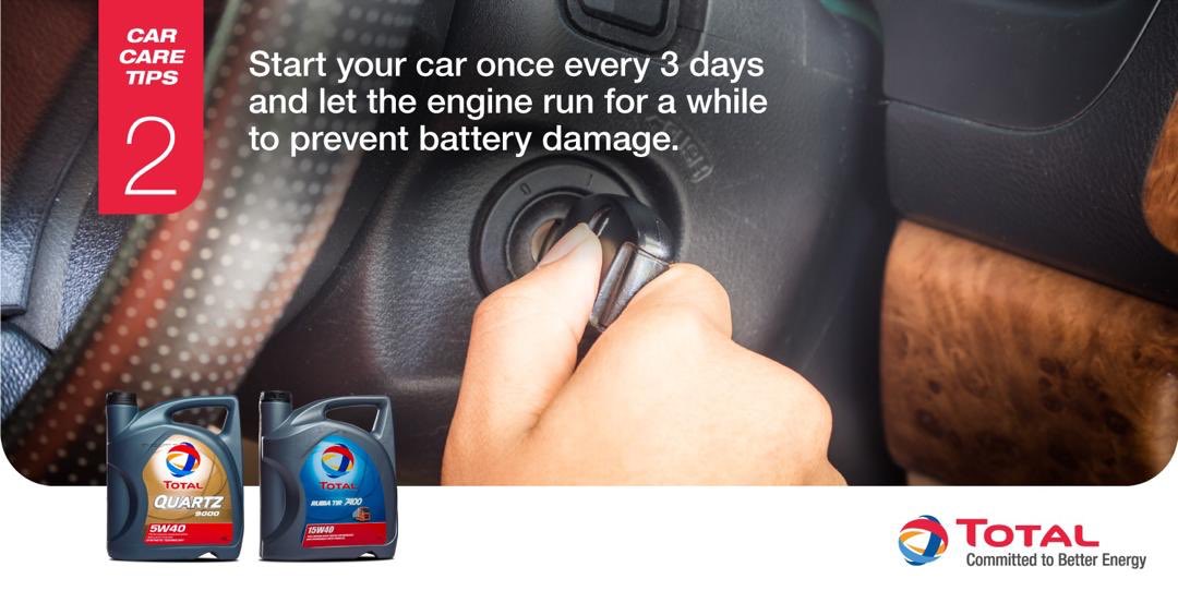 TotalEnergiesUG's tweet image. 🤔💡 #TOTALCarCare TIP: Start your car once every 3 days and let the engine run for a while to keep the battery from dying.

Keep your car in a good condition during the lock-down. #StaySafeUG
#TOTALQuartz #TOTALRubia #ResponsibleEnergyMajor