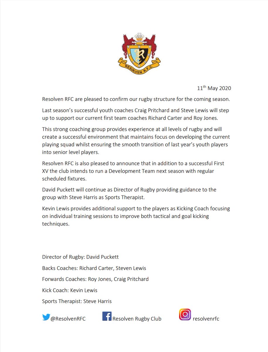 While the club is still closed and we pray it won’t be for much longer 🙌🏻 They have been proactive by putting things in place ready for the start of the 2020/2021 season🏉 it’s an exciting time with much of last seasons youth stepping up into the already strong seniors group💙🖤