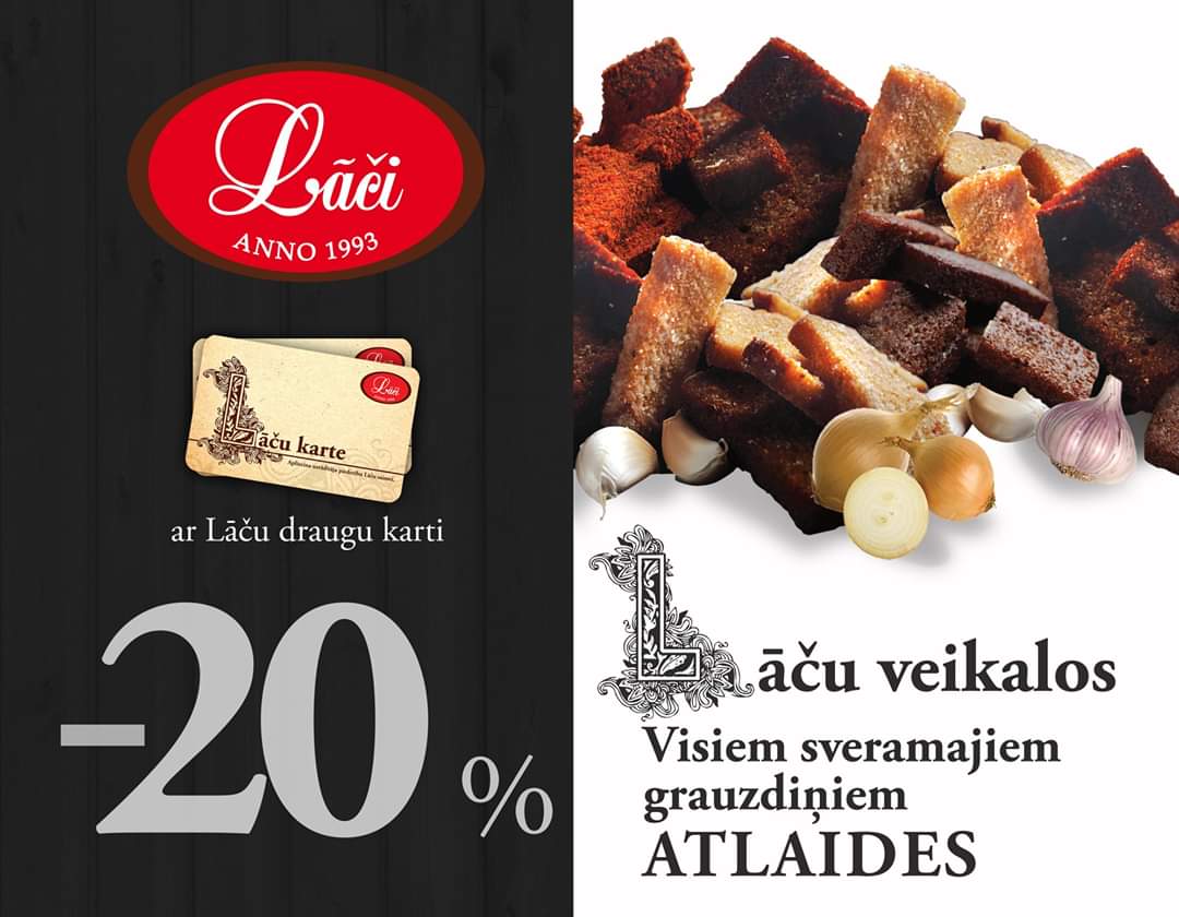Šonedēļ visos Lāču veikalos 🐻
Visiem sveramajiem grauzdiņiem  -20% atlaide ar Lāču draugu karti.👍
ATLAIDE BŪS SPĒKĀ LĪDZ 17. maijam 😉