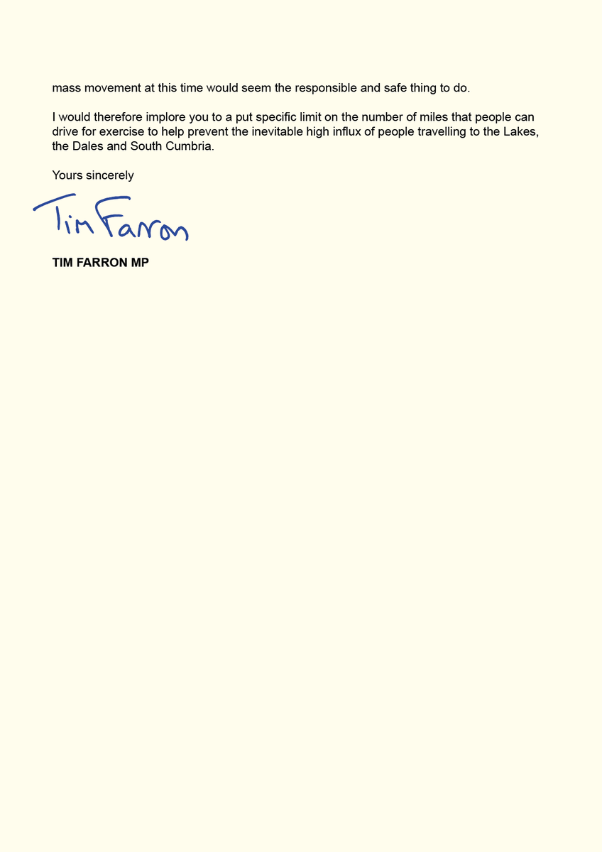 This morning I wrote an open letter to the PM urging him to put a limit on the number of miles that people can drive for exercise to help prevent an influx of people travelling to the Lake District. 

Restricting mass movement at this time is the responsible and safe thing to do.