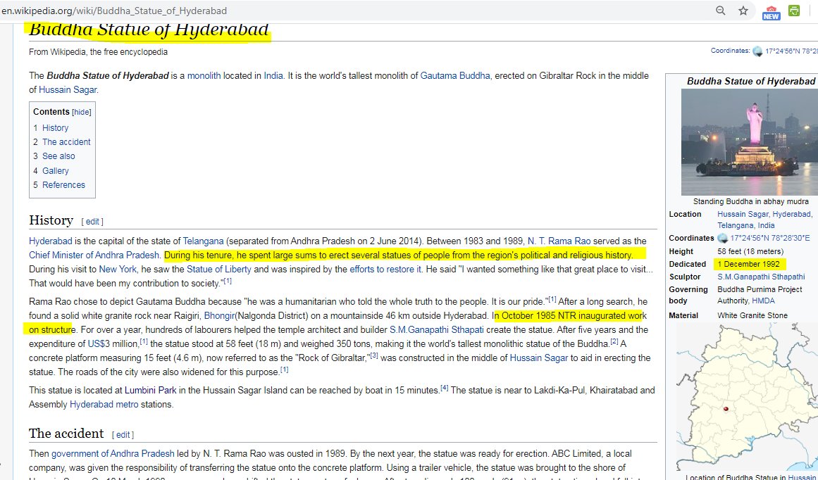 1985-1989NTR/TDP GovtBuddha Statue of Hyderabad  https://zeenews.india.com/entertainment/travel/feature/stunning-facts-about-hussain-sagar-s-buddha-statue-in-hyderabad_1891038.htm https://www.washingtonpost.com/archive/politics/1990/04/09/buddha-of-the-lake-bottom/342902b7-7025-41d3-a856-c14c1fac3815/