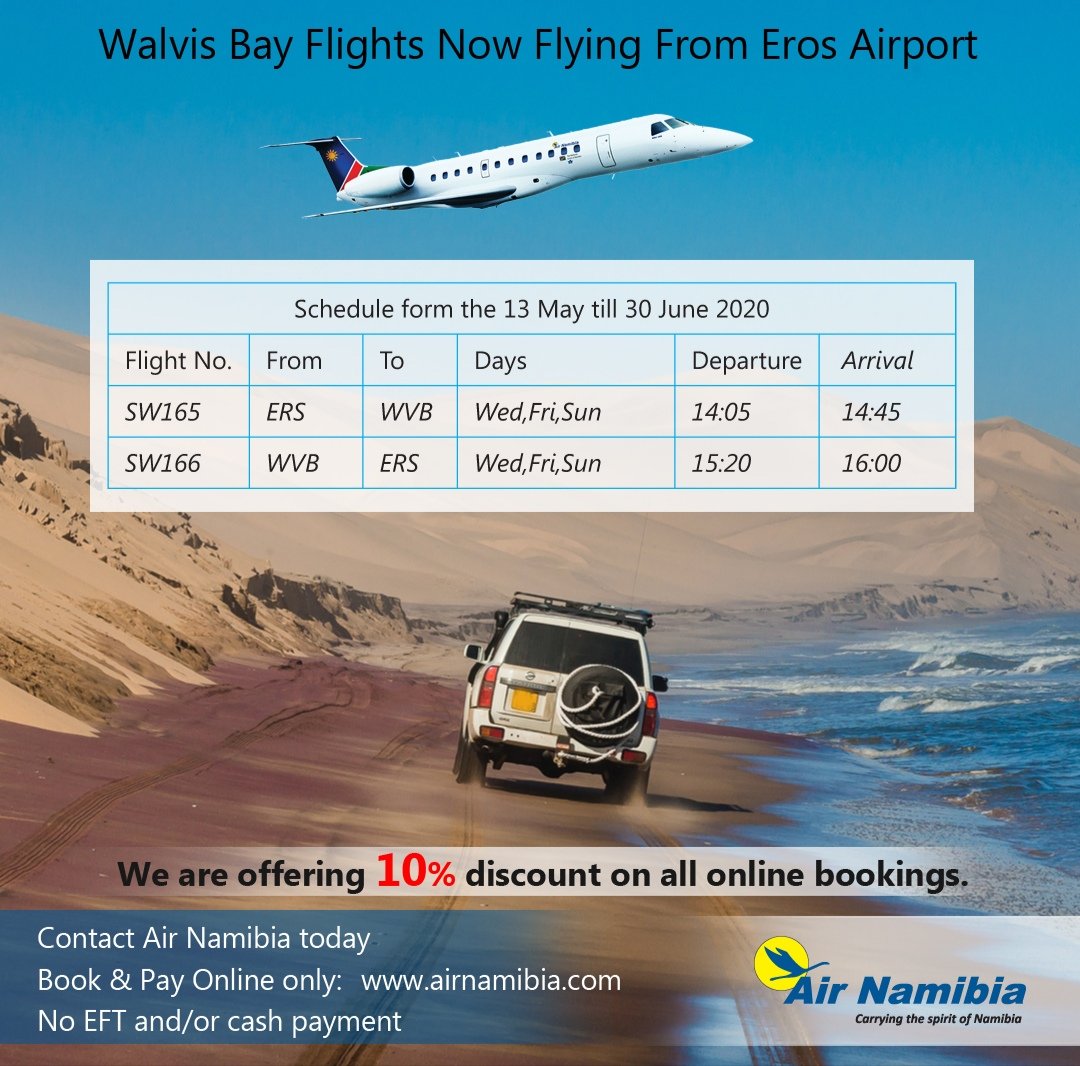airnamibia1's tweet photo. Direct flights between Eros and Walvis Bay. #flyairnamibiaonly #bookonline #walvisbay #eros #booknow https://t.co/Y1N1q5xmSS