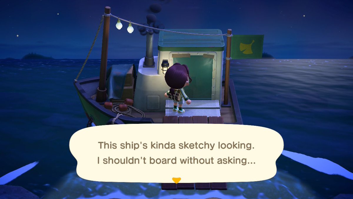 ⤍ a third new villager moved in today: bubbles ! while i was adventuring around my island, i found a suspicious looking boat (・・；) i bumped into the owner, who offered to sell me a painting. who could resist such a cute face? i bought his art, and headed to the museum ⤍