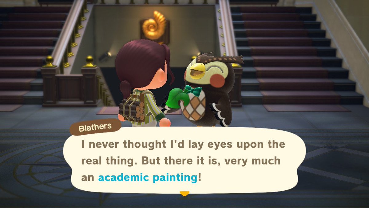 ⤍ i talked to blathers who said the painting was..real ! he said we could now open an art exhibit in the museum :D on my way home, i saw marina, who sang me a song, and noticed my apple trees had grown〔´∇｀〕a sneaky scorpion stung me but we’re not going to talk about that !