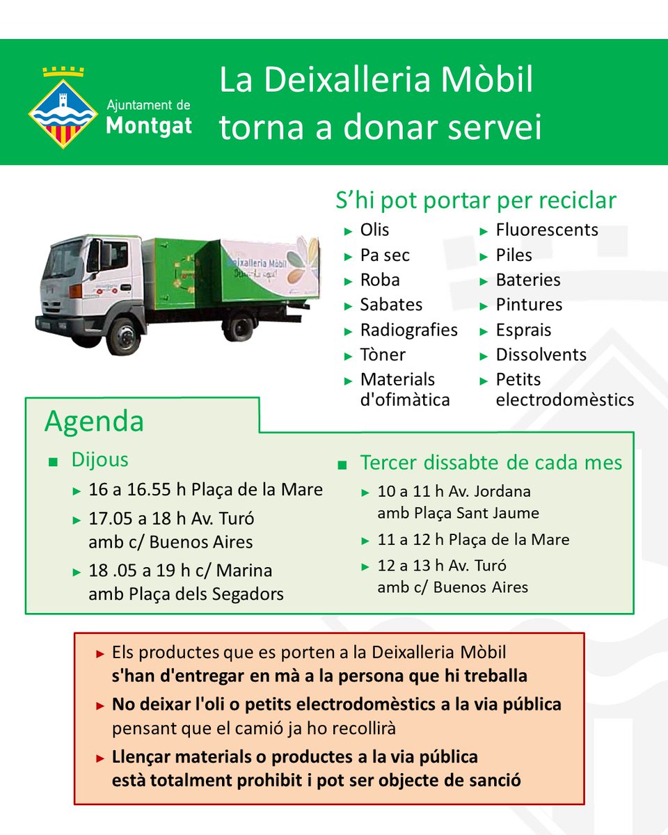 Montgat's tweet photo. Demà la tarda la Deixalleria mòbil visita #Montgat Consulteu els punts d'aturada i els horaris: #MontgatSostenible https://t.co/VTjRj27ic0
