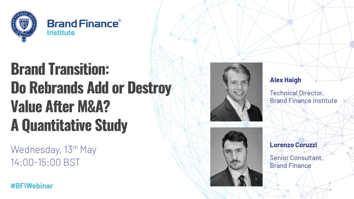 Have you signed up for the next #BFIWebinar? On 13th May, <a href="/BF_Institute/">Brand Finance Institute</a> will discuss whether #rebranding your business adds or destroys #brandvalue after M&amp;A. 

Don't miss out, register here: ow.ly/A7zm50zxc9r