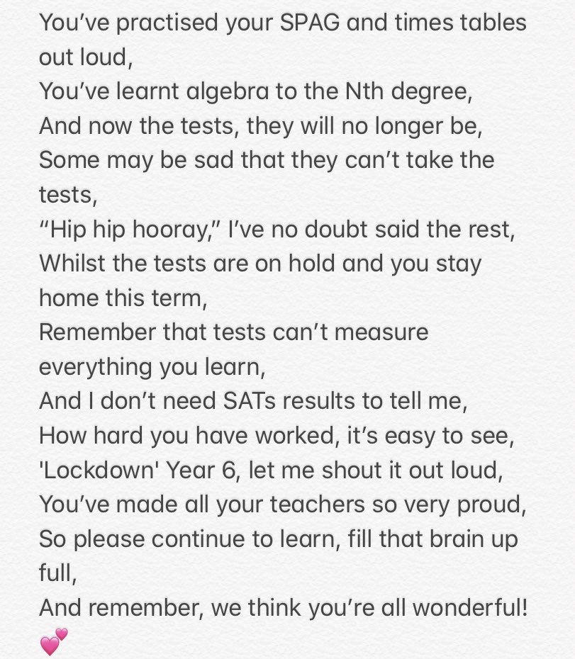 Year 6 should’ve been doing their SATs this week & im sure there are mixed feelings. I saw this poem though & I think it’s perfect!  @Levenshulmehigh are definitely #proud #year6SATs #dedicatedtoachievingdreams