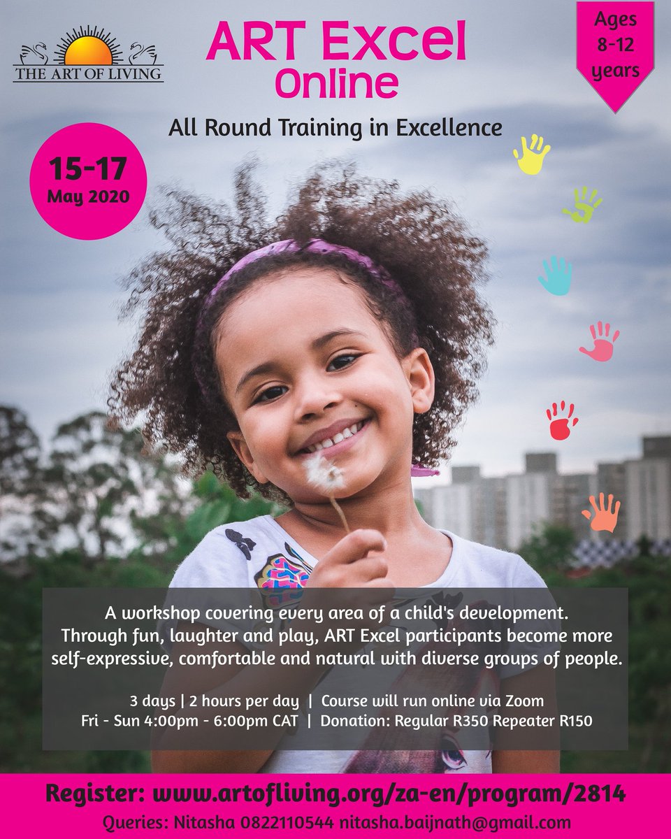 ART Excel Online: Ages 8-12 years
All Round Training in Excellence

15-17 May 2020

Register: artofliving.org/za-en/program/…

#artofliving #kidsworkshop #excel #kidsonline #kidsfun #kidsactivities #inspirekids #motivatekids #laughter #play