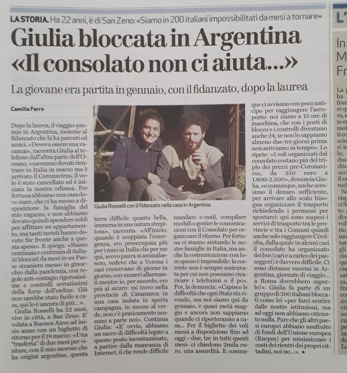 pisqu4no's tweet photo. #coronavirus  #rientroinitalia #bloccati in #argentina #verona da il quotidiano @larenait #consolato https://t.co/i3DYyia3cp