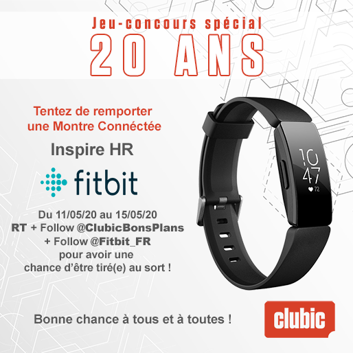 ClubicBonsPlans's tweet photo. 🎂 #JeuConcours 20 ans @ClubicBonsPlans 🎂 et @Fitbit_FR 
Gagnez une Montre Connectée #Fitbit Inspire HR
✔️ RT
✔️ Follow @ClubicBonsPlans et @Fitbit_FR 
Infos sur le lot 👉 https://t.co/WG49c3iJDN
TAS: 15/05 à 17h
Règlement 👉 https://t.co/Zf0ICXhsF5
Bonne chance ❤️ https://t.co/4n0Fue9ij9