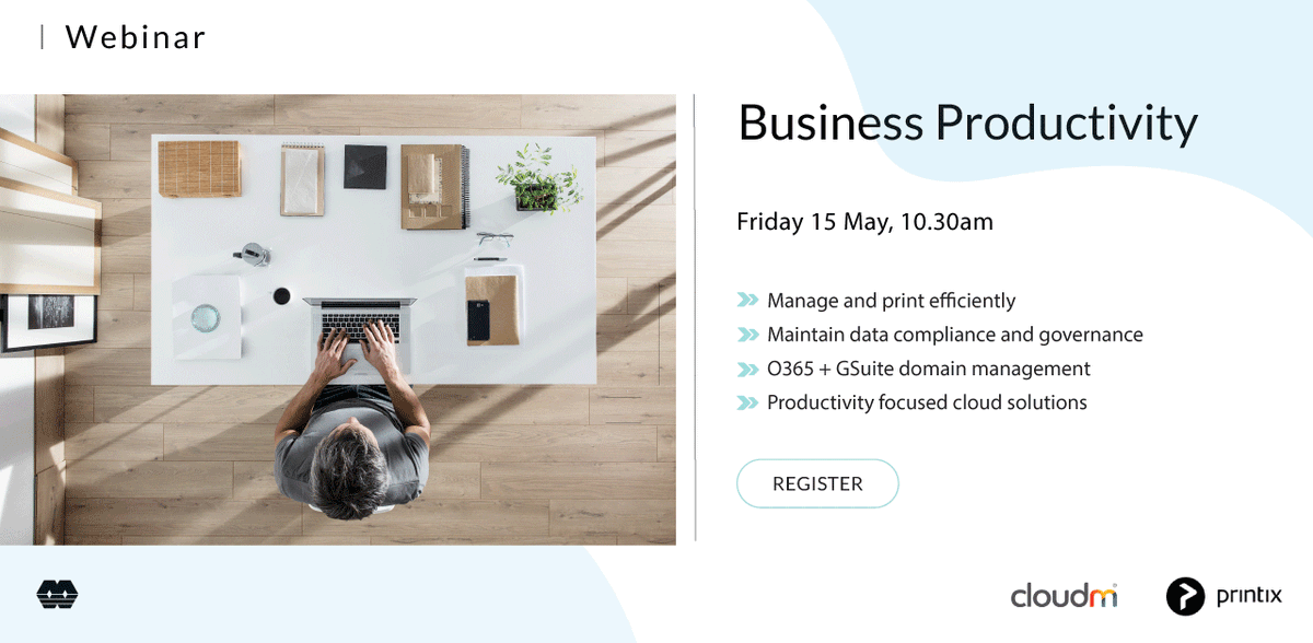 SynnexAU's tweet photo. CloudM &amp; @printixnet share expert advice on how to manage data compliance &amp; governance &amp; increase productivity during our webinar this Friday💡Save your virtual seat today >> https://t.co/7BOoSQzG4n 

#SynnexAU #SynnexCloud #Productivity #Data #Cloud #Business https://t.co/gNIxRPNsC6