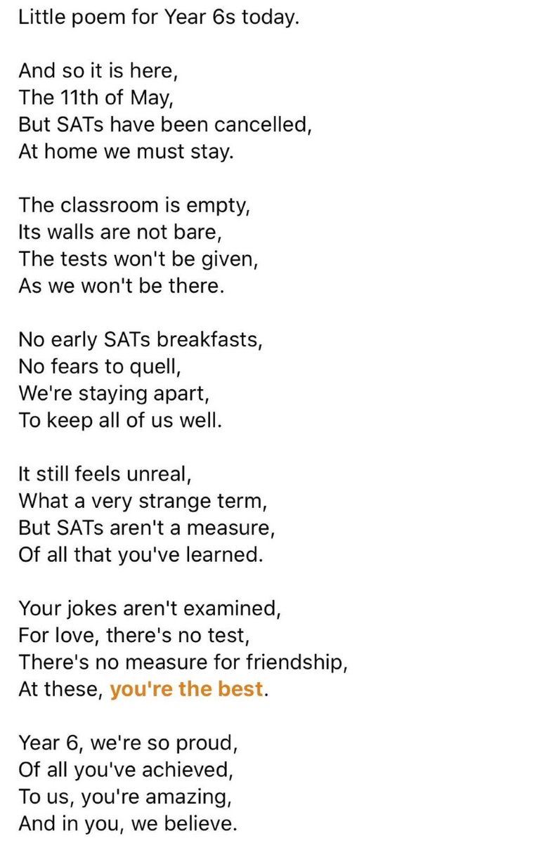 RoundhayY6's tweet photo. As we know, today would have been the start of SATs week. Here is a little poem for all of our wonderful Year 6 children  who have made us so proud this year. As it says, 'SATs aren't a measure, of all that you've learned.' https://t.co/MHbjT4fvs1