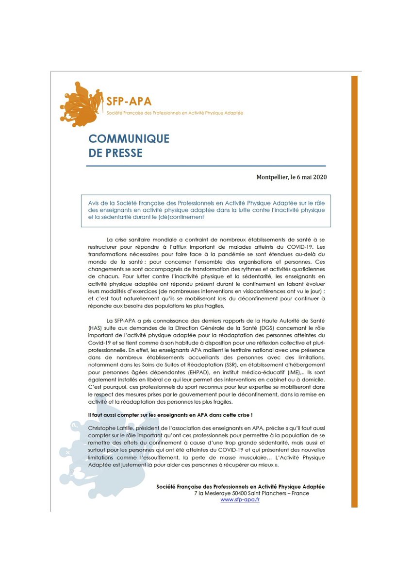 SFP_APA's tweet photo. Les modalités actuelles de reprise de l’activité physique empêchent les #EAPAS libéraux d’accompagner les patients les plus fragiles dans des perspectives de réadaptation. Ils sont prêts !! L’APA doit continuer à s’installer comme stratégie dans le parcours de soins en ville.🤝 https://t.co/swVaoanJGY