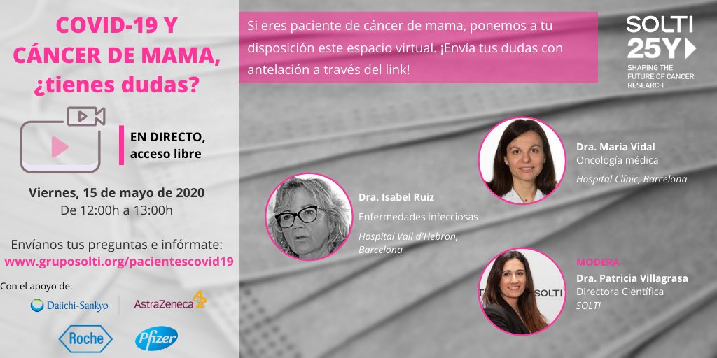 ¿Si una paciente está a punto de empezar una terapia, debe posponerla debido al #COVID19 ? ¿Deben seguir la Guía de Salud Pública como los demás? Nuestras expertas resolverán sus dudas.

Nos podéis hacer llegar preguntas como esta a través de gruposolti.org/pacientescovid…