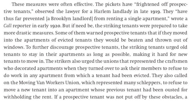 as well as landlords, and "schleppers" (yiddish word used as slang meaning bailiffs), tenant movements and rent strikers had to face police violence and had to deal with scabbing.