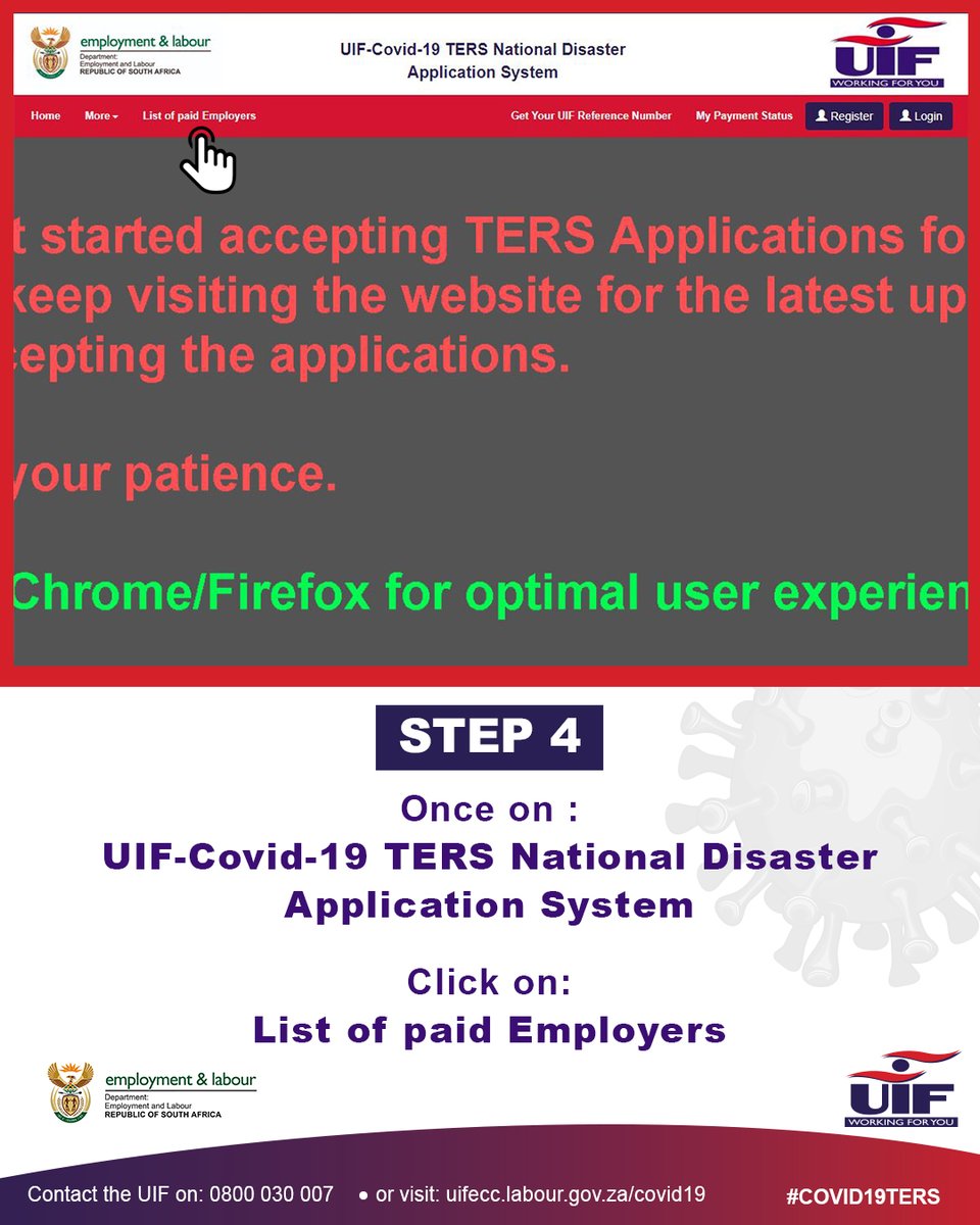 deptoflabour's tweet photo. #COVID19 To Check if your employer has been paid follow the steps below: 
#StayHome #TERS #UIF https://t.co/8u4LeeCgtQ