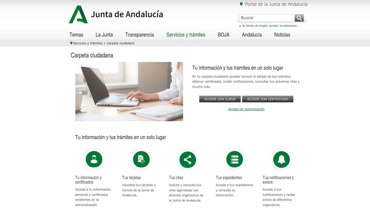 #Andalucía #CarpetaCiudadana Tu información y tus trámites en un solo lugar. En tu carpeta ciudadana puedes conocer el estado de tus trámites, obtener certificados, recibir notificaciones, consultar tus próximas citas y mucho más. <a href="/AndaluciaJunta/">Junta de Andalucía</a>
 <a href="/RedGuadalinfo/">Vuela Guadalinfo</a>
 #GuadalinOnline