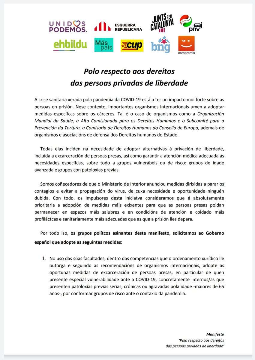 bngcongreso's tweet photo. As forzas políticas desta iniciativa demandamos ao Goberno que siga as recomendacións de organismos internacionais.

➡️ Adoptar as medidas oportunas de excarceración de persoas presas, en especial de quen presente especial vulnerabilidade ante o COVID-19. https://t.co/YO399rPH7v