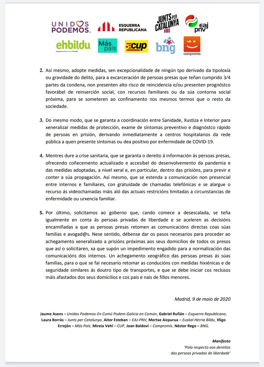 bngcongreso's tweet photo. As forzas políticas desta iniciativa demandamos ao Goberno que siga as recomendacións de organismos internacionais.

➡️ Adoptar as medidas oportunas de excarceración de persoas presas, en especial de quen presente especial vulnerabilidade ante o COVID-19. https://t.co/YO399rPH7v