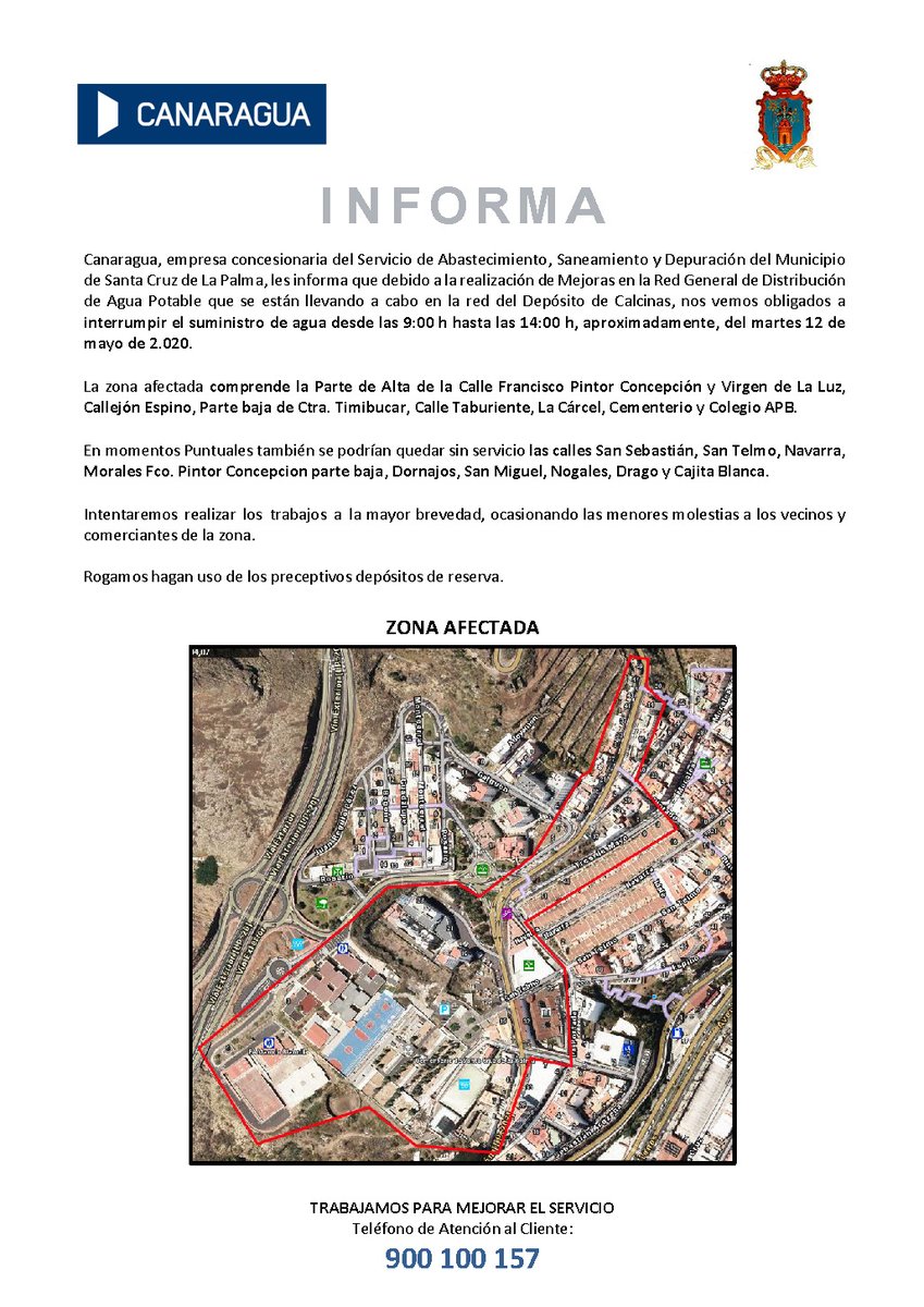 Canaragua's tweet photo. 🔴 🔵 Debido a las obras de mejora en el Depósito de Calcinas, en Santa Cruz de #LaPalma, nos vemos obligados a realizar un corte de suministro mañana, martes 12, desde las 9:00 h. a 14:00 h. Disculpen las molestias. Más información y zona afectada 👇 https://t.co/7o0pzbN9IU