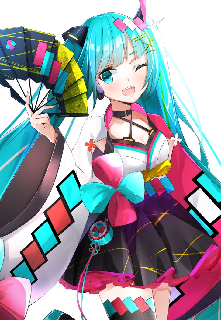 hatsune miku ,magical mirai miku 1girl one eye closed solo holding long hair hand fan smile  illustration images