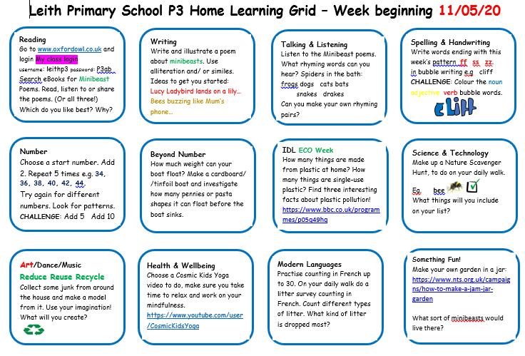 LeithP31's tweet photo. Good morning P3.  Here is your Home Learning Grid for this week.  We can't wait to see some examples of your fab work! 😃 https://t.co/yaRz4DgKmT