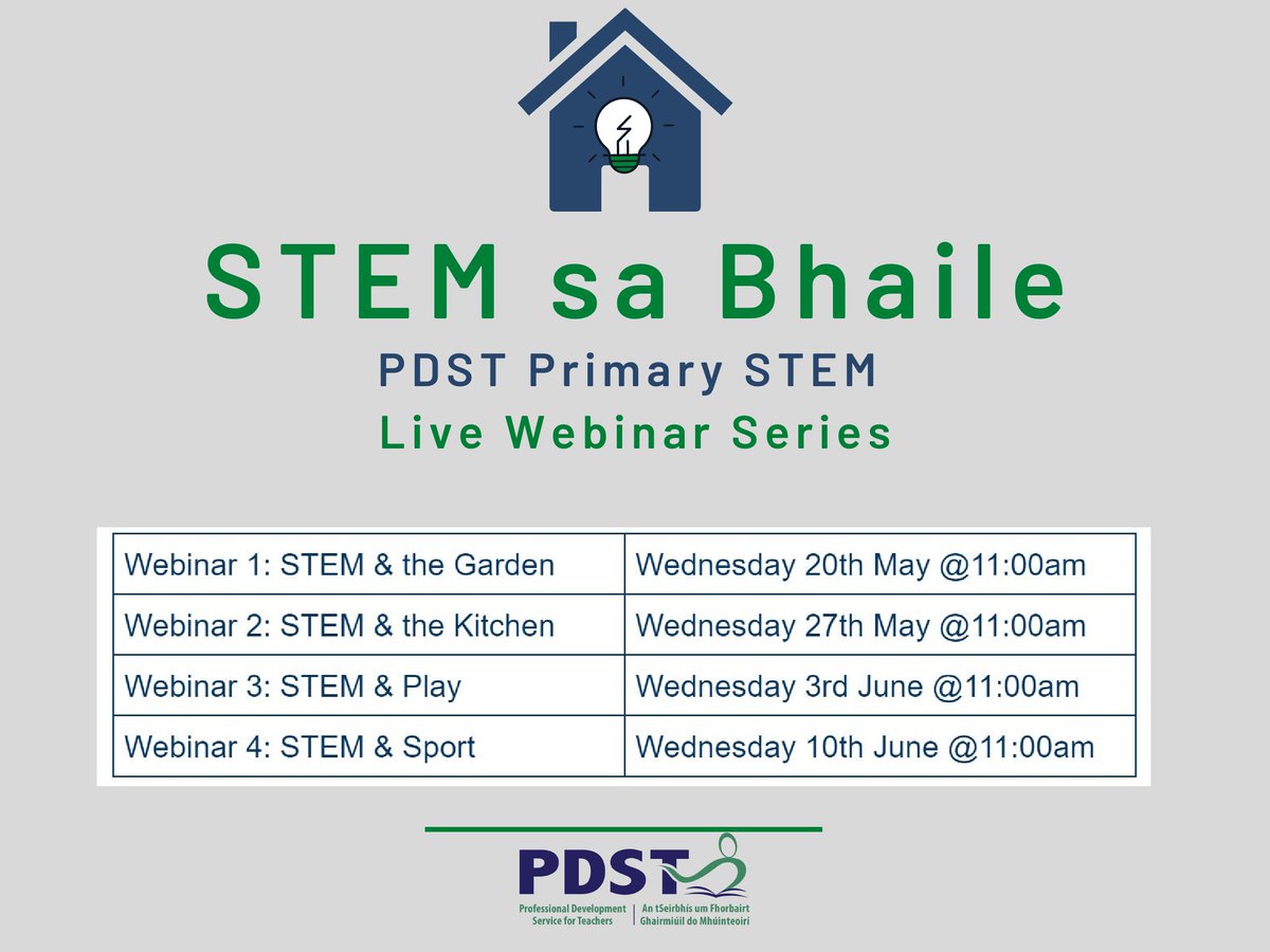 Our live STEM webinar series 'STEM sa Bhaile' begins May 20th and continues each week from 11am! Themes to support teachers with #distancelearning include;
STEM &amp; the Garden
STEM &amp; the Kitchen
STEM &amp; Play
STEM &amp; Sport
Register at: tinyurl.com/STEMsaBhaile #stemsabhaile #edshareie