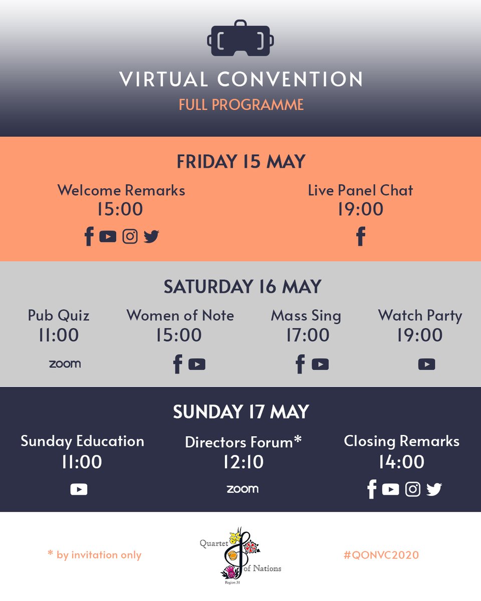 SAIRegion31's tweet photo. Here's the full programme of our Virtual Convention so you know when, how and where you can participate this coming weekend - for free and in the comfort of your own home.

Download the programme in PDF 👇
https://t.co/3hrrGb4lUR

#QONVC2020 #SweetAdelines #LifeOnAHighNote https://t.co/kCh21iFZR5