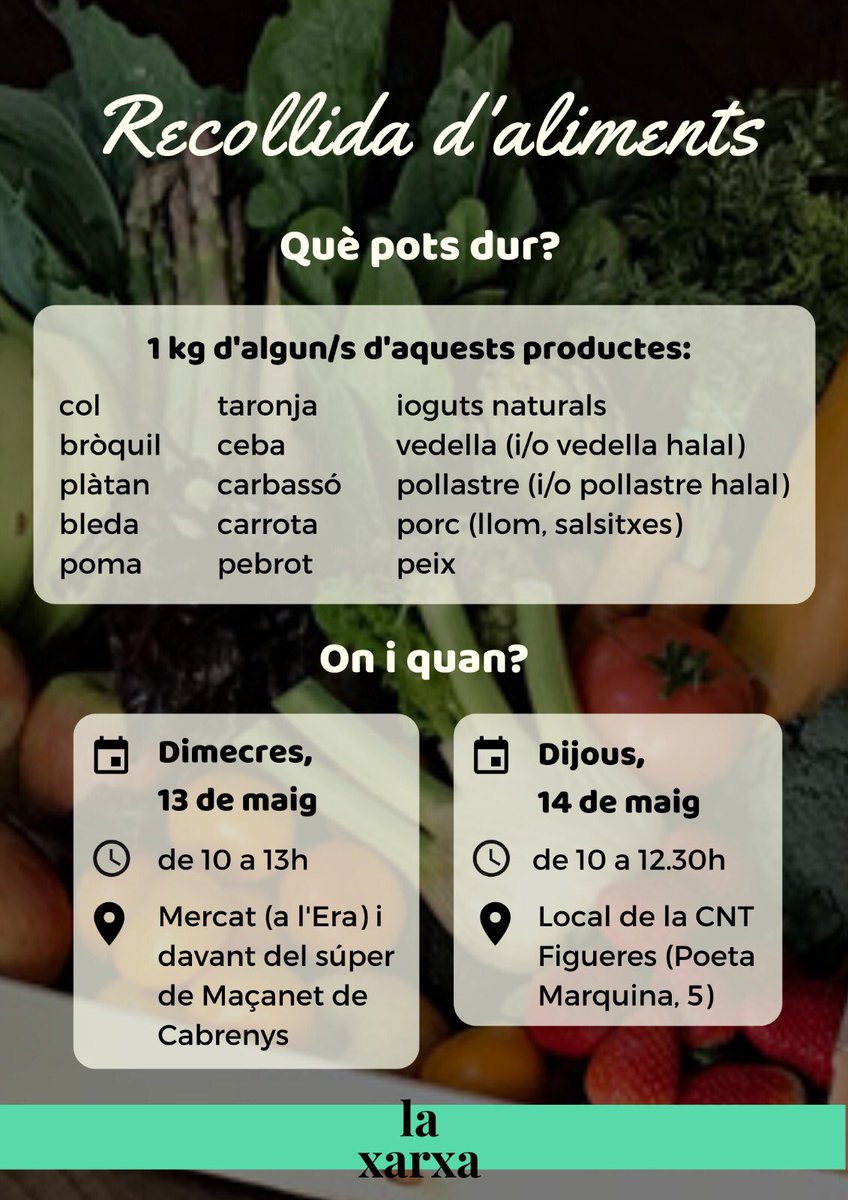 laxarxa_altemp's tweet photo. 🍎🥦🍗Una de les necessitats que arriben a #LaXarxa és la manca d'aliments frescos. Les ajudes dels bancs d’aliments són insuficients i sense producte fresc. Dimarts i dimecres farem una recollida d'aliments a #MaçanetDeCabrenys i #Figueres. Tota la informació al cartell👇👇 https://t.co/sLRTL7ucEm